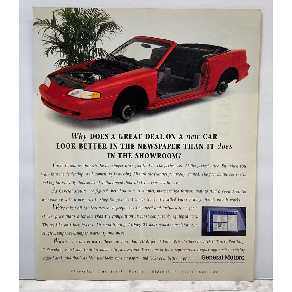 General Motors Print Ad Vintage 90s GM Value Pricing Red Car Chevrolet Pontiac